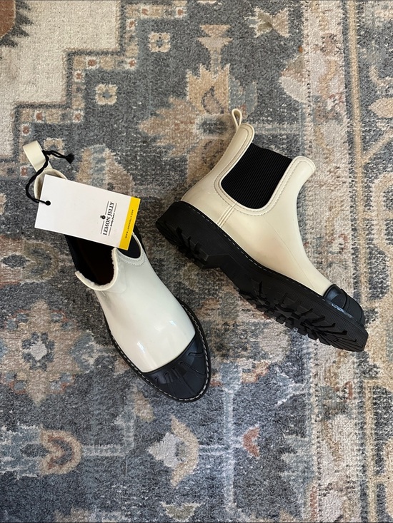 Shoes - Lemon Jelly NWT Sz 38 Cream & Black Lug Sole Chelsea Rain Boots vegan recycled